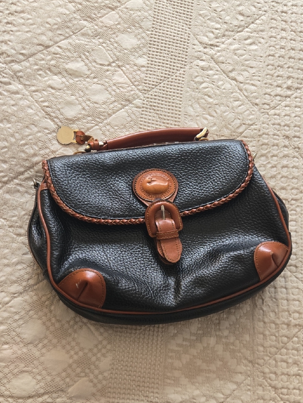 Vintage Dooney & Bourke Black Pebbled Leather Shoulder Bag with Brown Trim